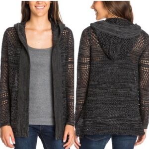 Roxy Gray Boho Crochet Knit Hooded Sweater Roxy Charcoal Knit Sweater